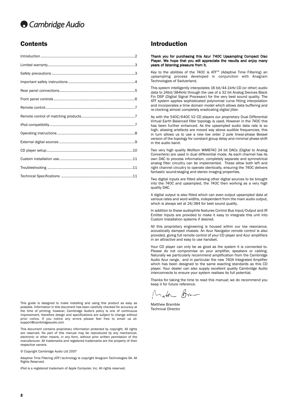 Contents introduction | Cambridge Audio Azur 740C User Manual | Page 2 / 82