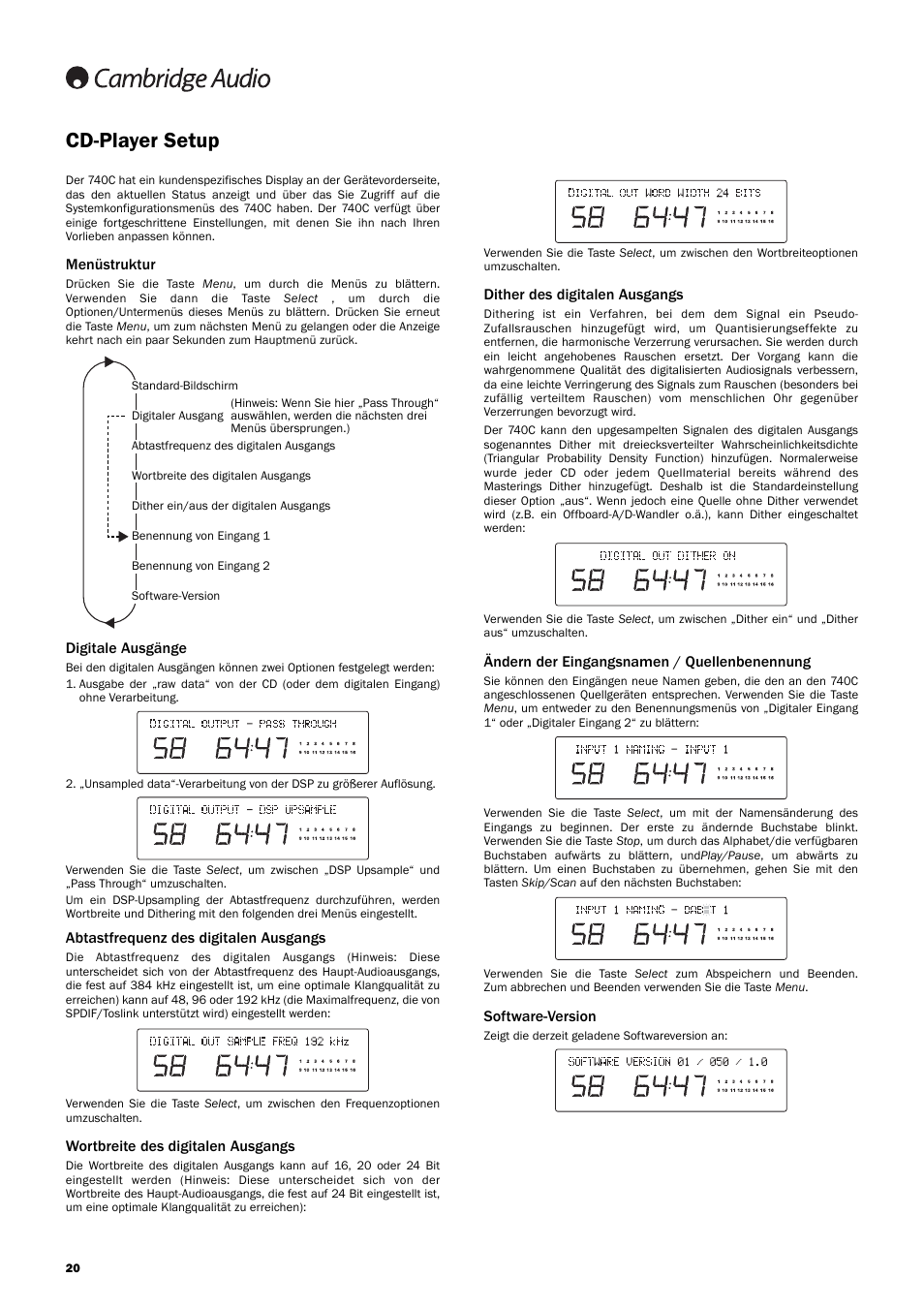 Cd-player setup, Dither des digitalen ausgangs, Ändern der eingangsnamen / quellenbenennung | Software-version, Menüstruktur, Digitale ausgänge, Abtastfrequenz des digitalen ausgangs, Wortbreite des digitalen ausgangs | Cambridge Audio Azur 740C User Manual | Page 20 / 82