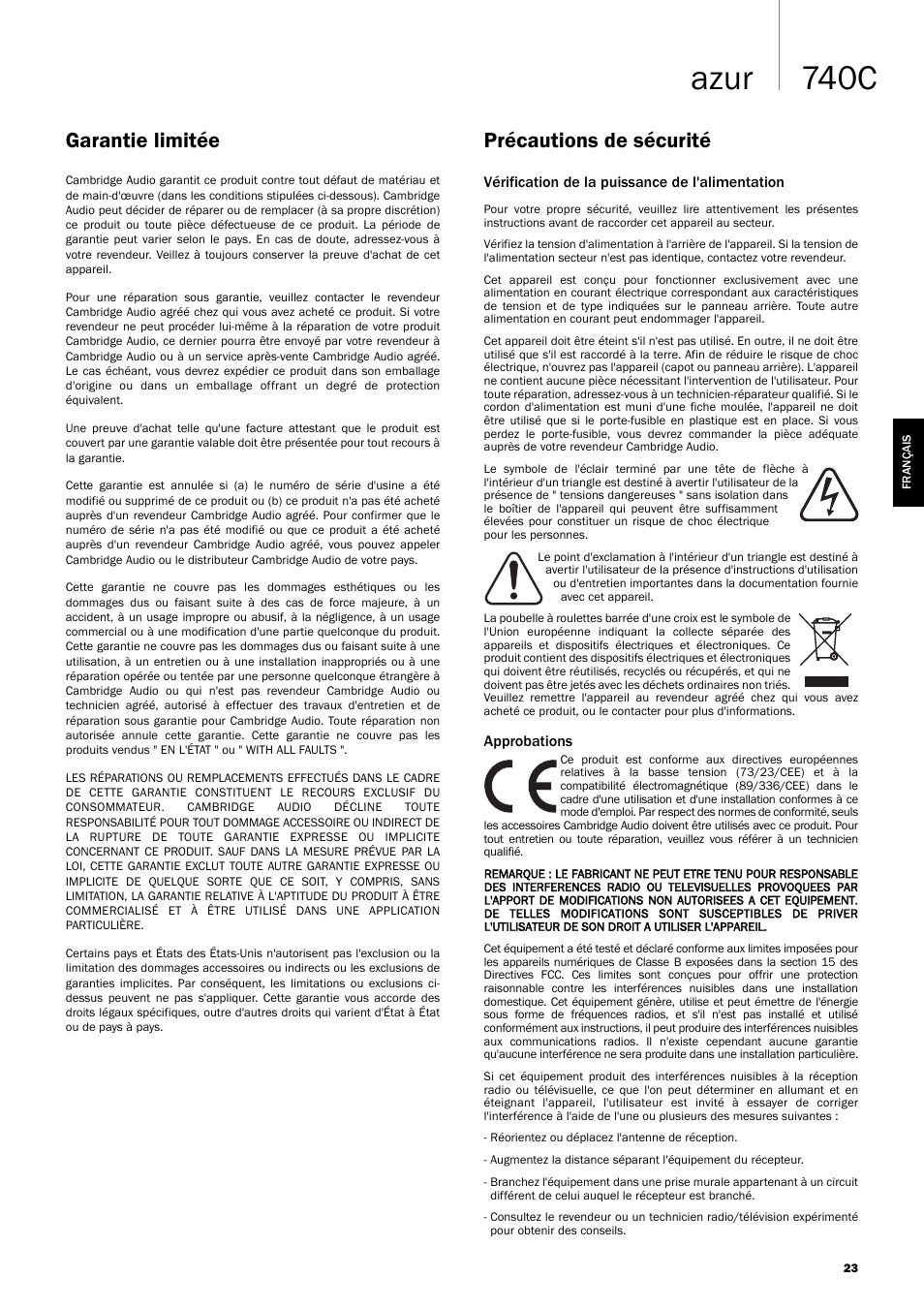 740c azur, Précautions de sécurité garantie limitée | Cambridge Audio Azur 740C User Manual | Page 23 / 82