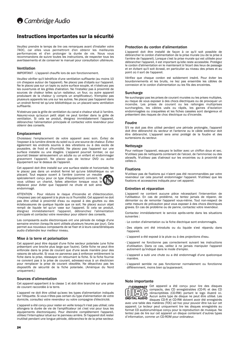 Instructions importantes sur la sécurité, Ventilation, Emplacement | Mise à la terre et polarisation, Sources d'alimentation, Protection du cordon d'alimentation, Surcharge, Foudre, Nettoyage, Fixations | Cambridge Audio Azur 740C User Manual | Page 24 / 82