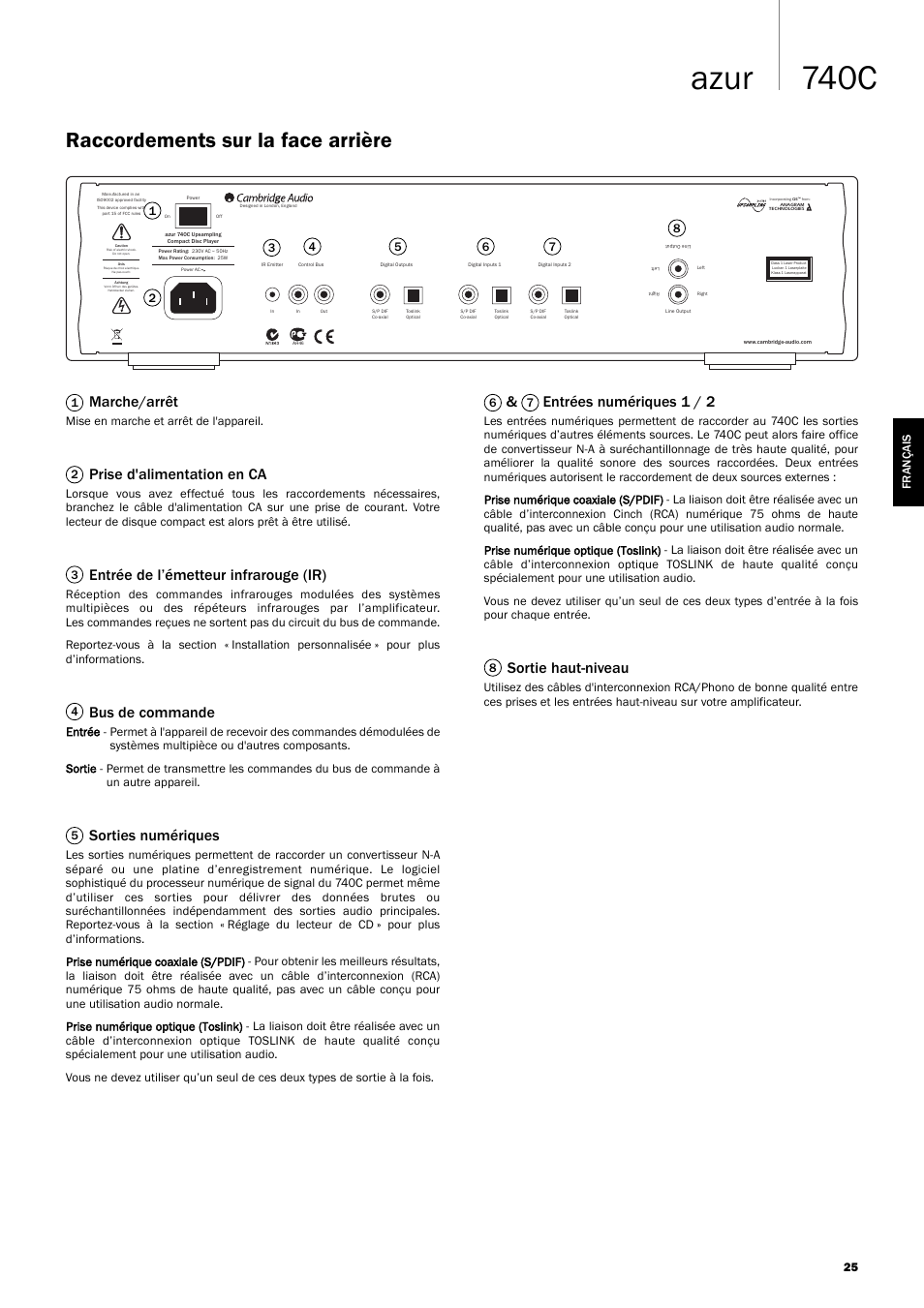 740c azur, Raccordements sur la face arrière, Marche/arrêt | Prise d'alimentation en ca, Entrée de l’émetteur infrarouge (ir), Bus de commande, Sorties numériques, Entrées numériques 1 / 2, Sortie haut-niveau | Cambridge Audio Azur 740C User Manual | Page 25 / 82