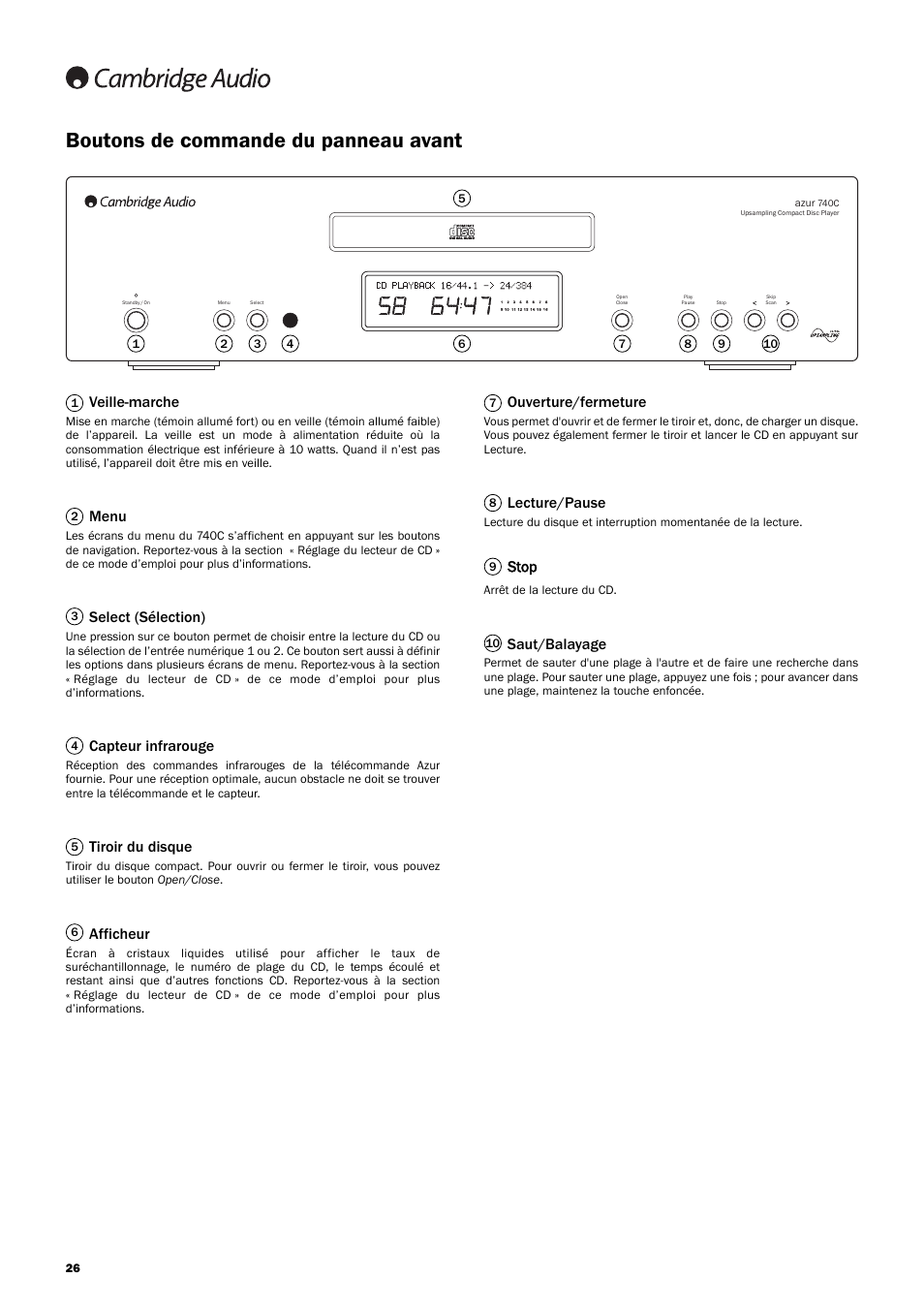 Boutons de commande du panneau avant, Veille-marche, Menu | Select (sélection), Capteur infrarouge, Tiroir du disque, Afficheur, Ouverture/fermeture, Lecture/pause, Stop | Cambridge Audio Azur 740C User Manual | Page 26 / 82