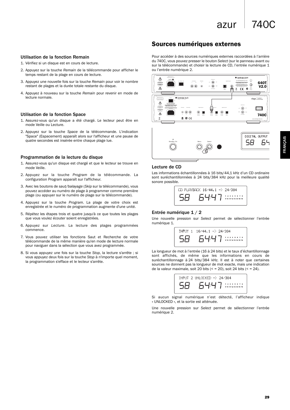 740c azur, Sources numériques externes, Utilisation de la fonction remain | Utilisation de la fonction space, Programmation de la lecture du disque, Lecture de cd, Entrée numérique 1 / 2, Incorporating q5™ from | Cambridge Audio Azur 740C User Manual | Page 29 / 82