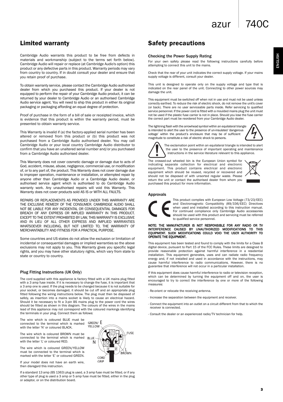 740c azur, Safety precautions limited warranty | Cambridge Audio Azur 740C User Manual | Page 3 / 82