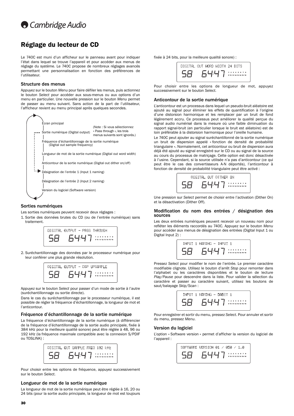 Réglage du lecteur de cd, Structure des menus, Sorties numériques | Fréquence d’échantillonnage de la sortie numérique, Longueur de mot de la sortie numérique, Anticontour de la sortie numérique, Version du logiciel | Cambridge Audio Azur 740C User Manual | Page 30 / 82