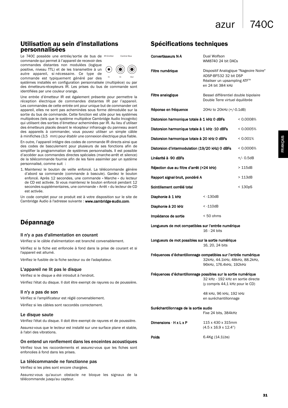 740c azur, Dépannage, Utilisation au sein d'installations personnalisées | Spécifications techniques | Cambridge Audio Azur 740C User Manual | Page 31 / 82