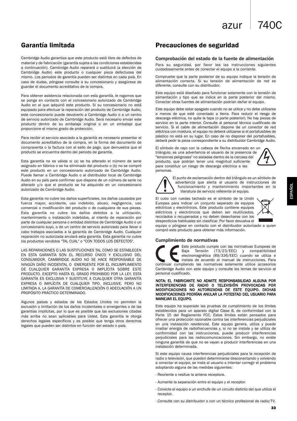 740c azur, Precauciones de seguridad garantía limitada | Cambridge Audio Azur 740C User Manual | Page 33 / 82