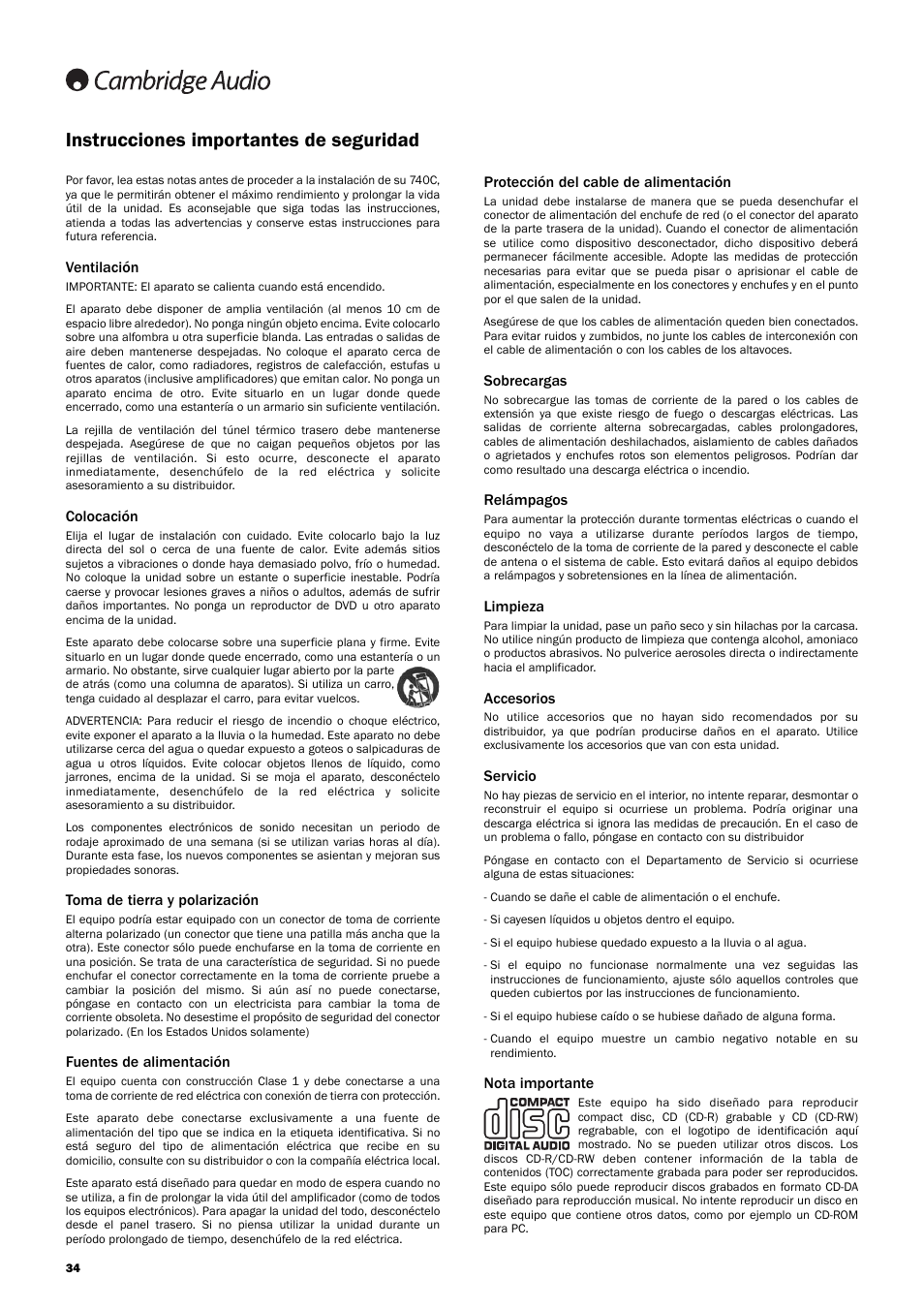 Instrucciones importantes de seguridad, Ventilación, Colocación | Toma de tierra y polarización, Fuentes de alimentación, Protección del cable de alimentación, Sobrecargas, Relámpagos, Limpieza, Accesorios | Cambridge Audio Azur 740C User Manual | Page 34 / 82