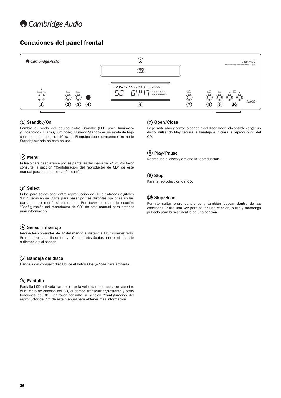 Conexiones del panel frontal, Standby/on, Menu | Select, Sensor infrarrojo, Bandeja del disco, Pantalla, Open/close, Play/pause, Stop | Cambridge Audio Azur 740C User Manual | Page 36 / 82