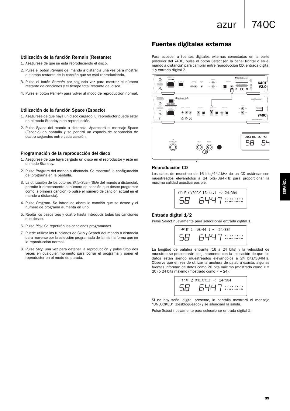 740c azur, Fuentes digitales externas, Utilización de la función remain (restante) | Utilización de la función space (espacio), Programación de la reproducción del disco, Reproducción cd, Entrada digital 1/2, Incorporating q5™ from | Cambridge Audio Azur 740C User Manual | Page 39 / 82