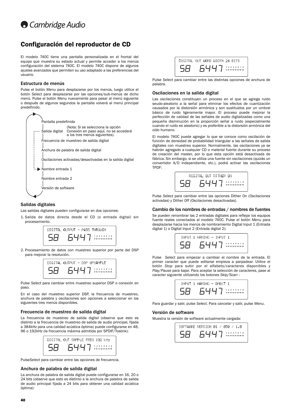 Configuración del reproductor de cd, Estructura de menús, Salidas digitales | Frecuencia de muestreo de salida digital, Anchura de palabra de salida digital, Oscilaciones en la salida digital, Versión de software | Cambridge Audio Azur 740C User Manual | Page 40 / 82
