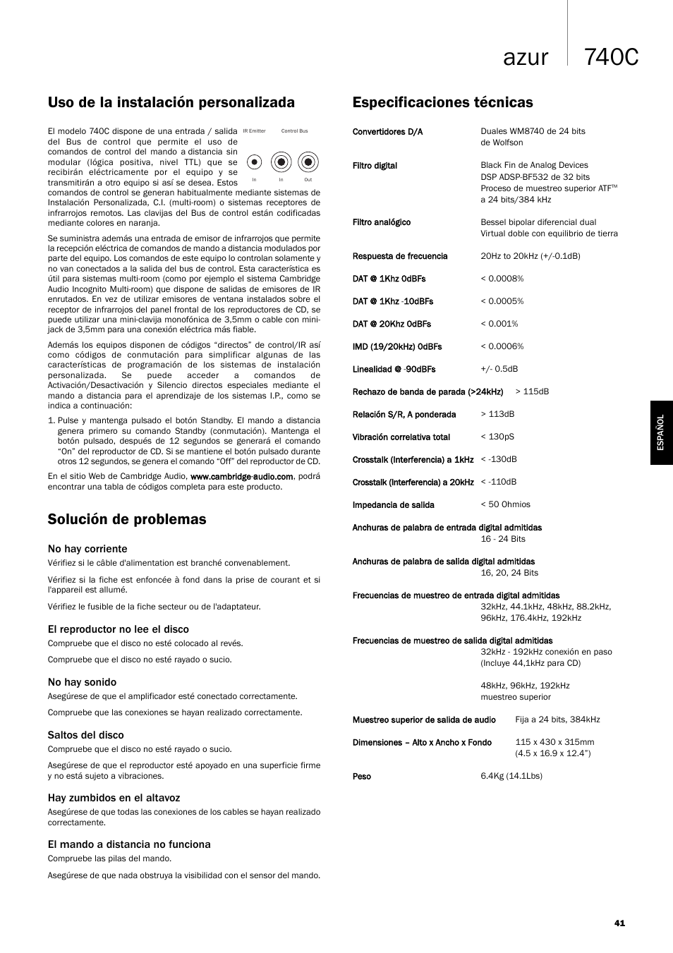 740c azur, Solución de problemas, Uso de la instalación personalizada | Especificaciones técnicas | Cambridge Audio Azur 740C User Manual | Page 41 / 82