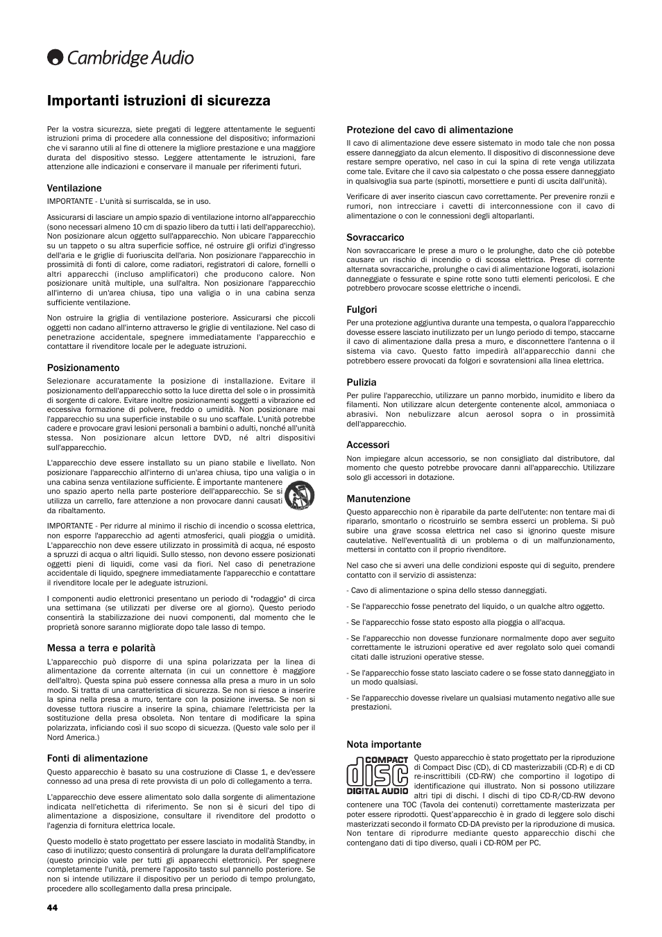 Importanti istruzioni di sicurezza | Cambridge Audio Azur 740C User Manual | Page 44 / 82