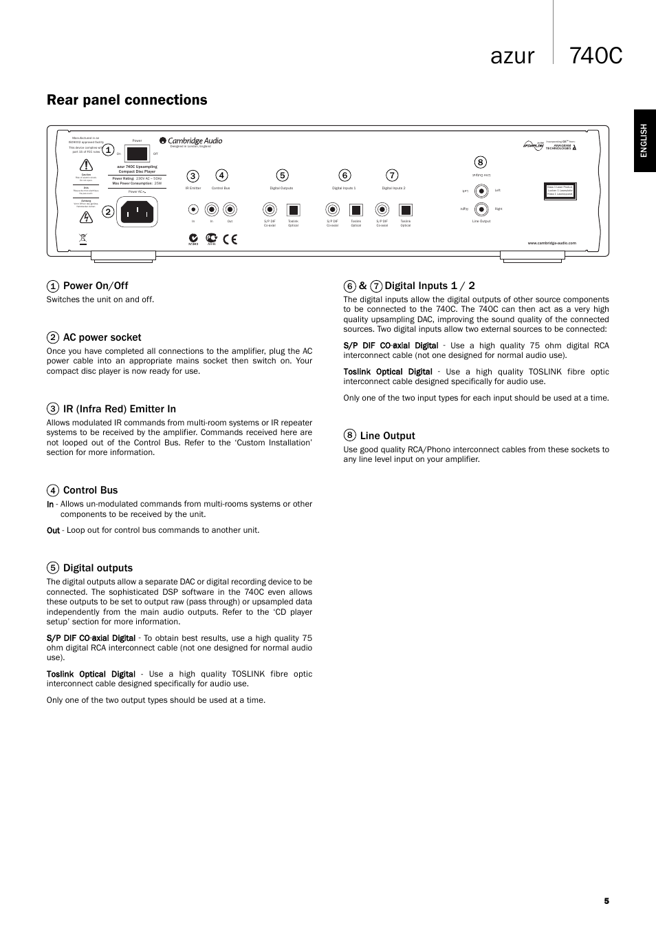 740c azur, Rear panel connections, Power on/off | Ac power socket, Ir (infra red) emitter in, Control bus, Digital outputs, Digital inputs 1 / 2, Line output | Cambridge Audio Azur 740C User Manual | Page 5 / 82