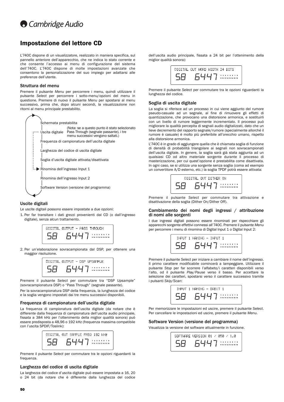Impostazione del lettore cd, Struttura del menu, Uscite digitali | Frequenza di campionatura dell’uscita digitale, Larghezza del codice di uscita digitale, Soglia di uscita digitale, Software version (versione del programma) | Cambridge Audio Azur 740C User Manual | Page 50 / 82