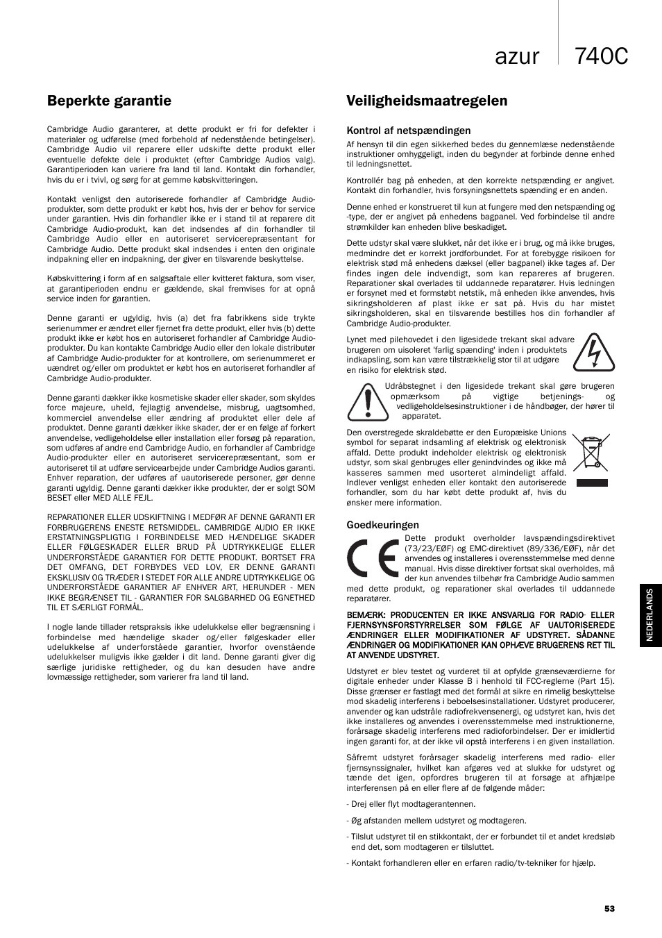 740c azur, Veiligheidsmaatregelen beperkte garantie | Cambridge Audio Azur 740C User Manual | Page 53 / 82