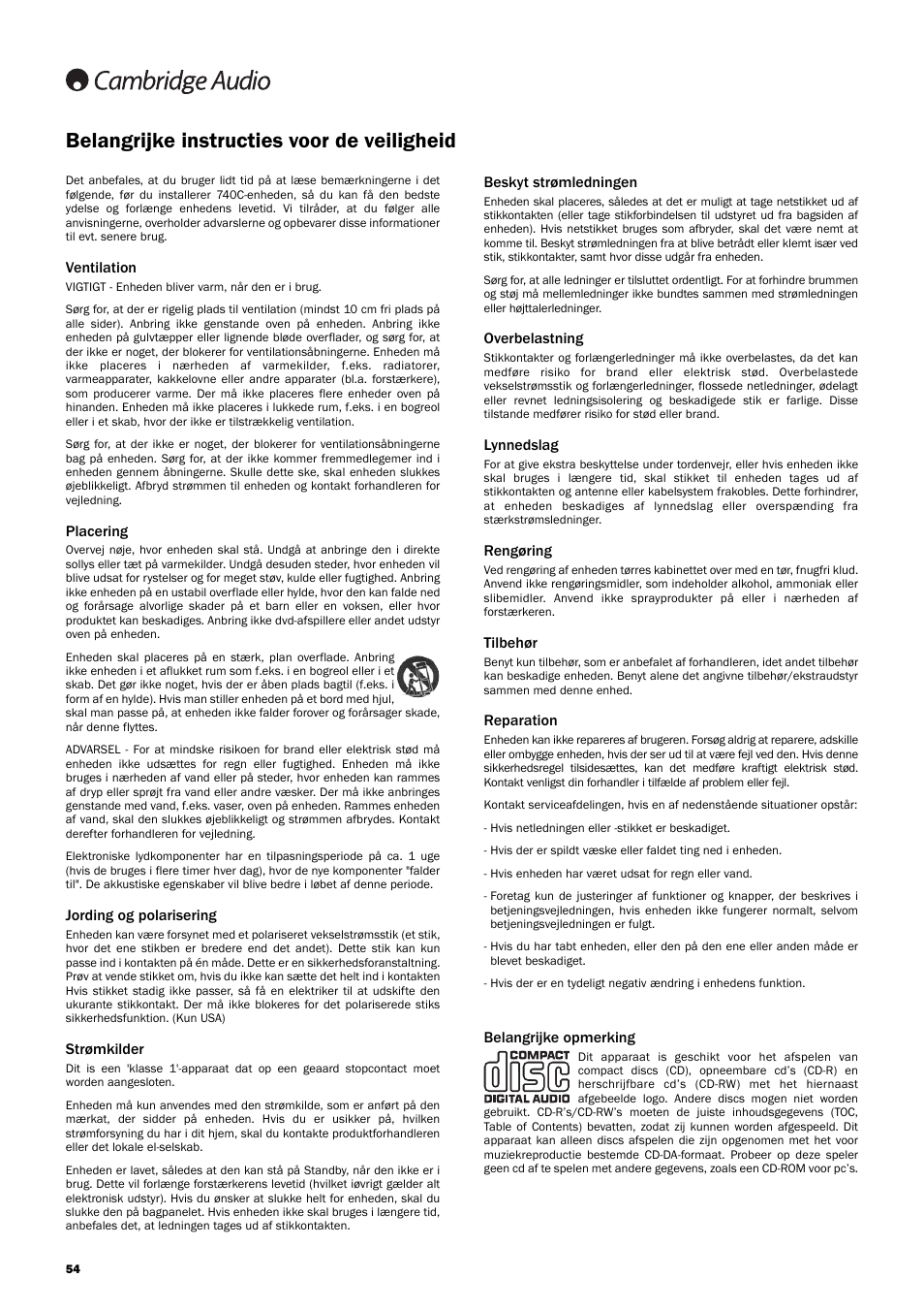 Belangrijke instructies voor de veiligheid, Ventilation, Placering | Jording og polarisering, Strømkilder, Beskyt strømledningen, Overbelastning, Lynnedslag, Rengøring, Tilbehør | Cambridge Audio Azur 740C User Manual | Page 54 / 82