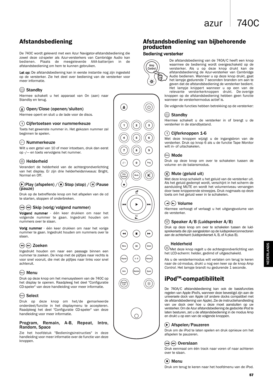 740c azur, Afstandsbediening, Ipod | Compatibiliteit, Afstandsbediening van bijbehorende producten | Cambridge Audio Azur 740C User Manual | Page 57 / 82