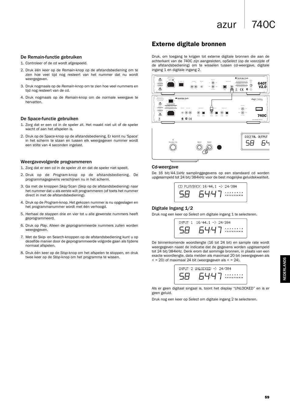 740c azur, Externe digitale bronnen, De remain-functie gebruiken | De space-functie gebruiken, Weergavevolgorde programmeren, Cd-weergave, Digitale ingang 1/2, Incorporating q5™ from | Cambridge Audio Azur 740C User Manual | Page 59 / 82