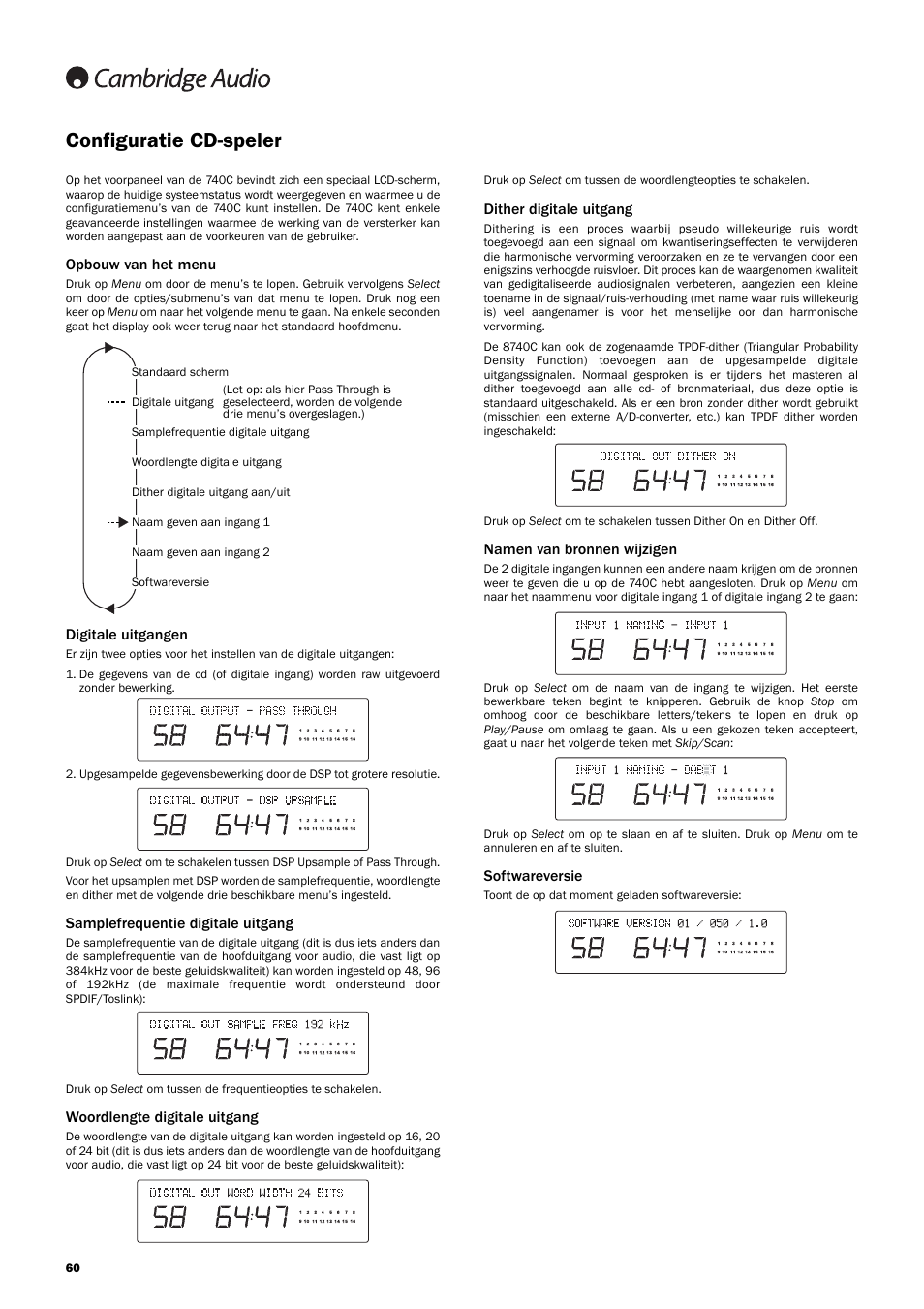 Configuratie cd-speler, Opbouw van het menu, Digitale uitgangen | Samplefrequentie digitale uitgang, Woordlengte digitale uitgang, Dither digitale uitgang, Namen van bronnen wijzigen, Softwareversie | Cambridge Audio Azur 740C User Manual | Page 60 / 82