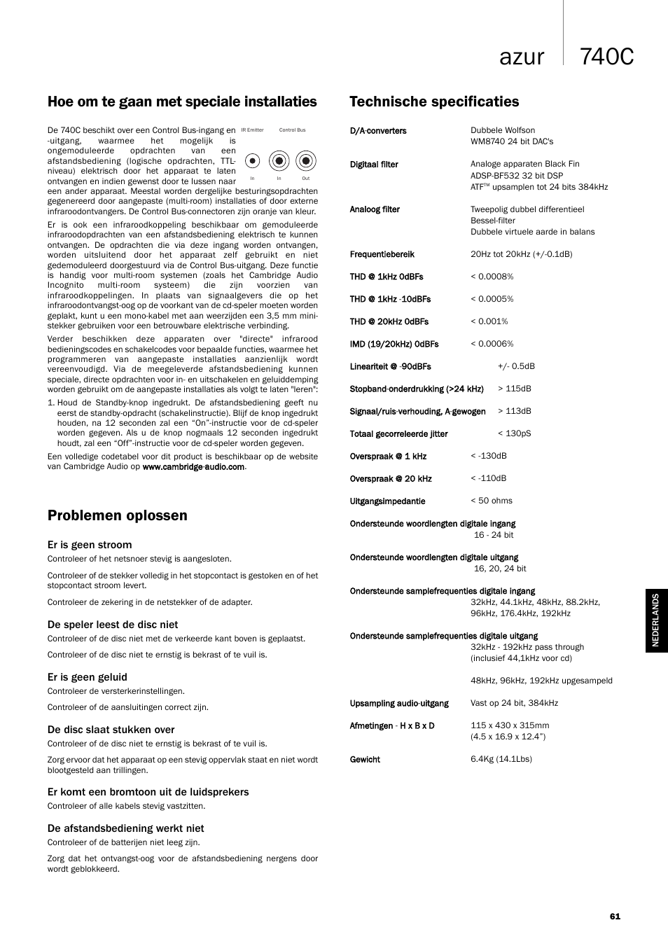 740c azur, Problemen oplossen, Hoe om te gaan met speciale installaties | Technische specificaties | Cambridge Audio Azur 740C User Manual | Page 61 / 82