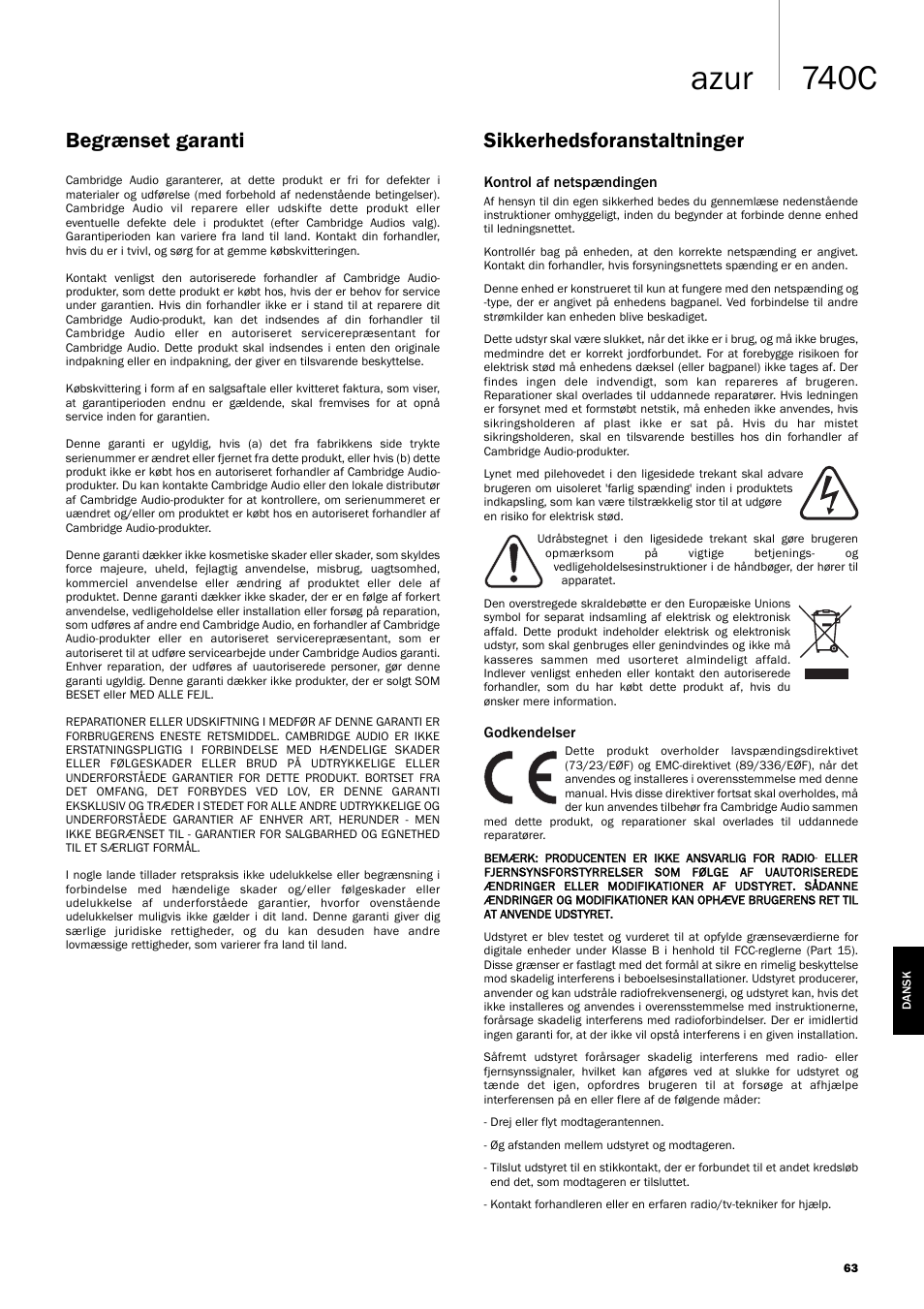 740c azur, Sikkerhedsforanstaltninger begrænset garanti | Cambridge Audio Azur 740C User Manual | Page 63 / 82