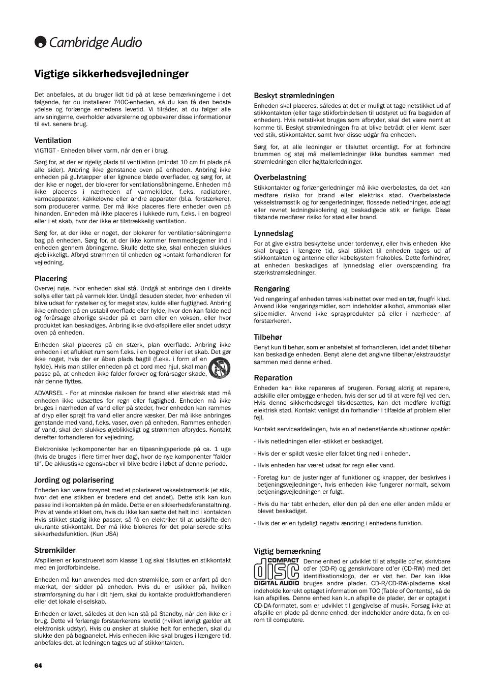 Vigtige sikkerhedsvejledninger, Ventilation, Placering | Jording og polarisering, Strømkilder, Beskyt strømledningen, Overbelastning, Lynnedslag, Rengøring, Tilbehør | Cambridge Audio Azur 740C User Manual | Page 64 / 82