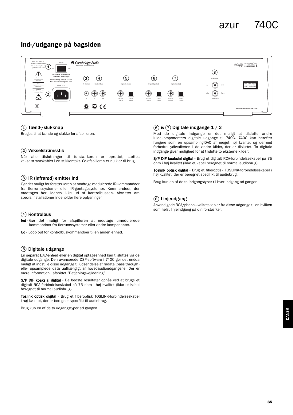 740c azur, Ind-/udgange på bagsiden, Tænd-/slukknap | Vekselstrømsstik, Ir (infrarød) emitter ind, Kontrolbus, Digitale udgange, Digitale indgange 1 / 2, Linjeudgang | Cambridge Audio Azur 740C User Manual | Page 65 / 82
