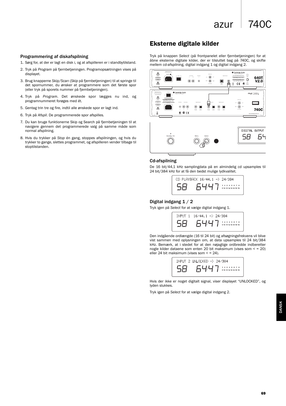 740c azur, Eksterne digitale kilder, Programmering af diskafspilning | Cd-afspilning, Digital indgang 1 / 2, Incorporating q5™ from | Cambridge Audio Azur 740C User Manual | Page 69 / 82