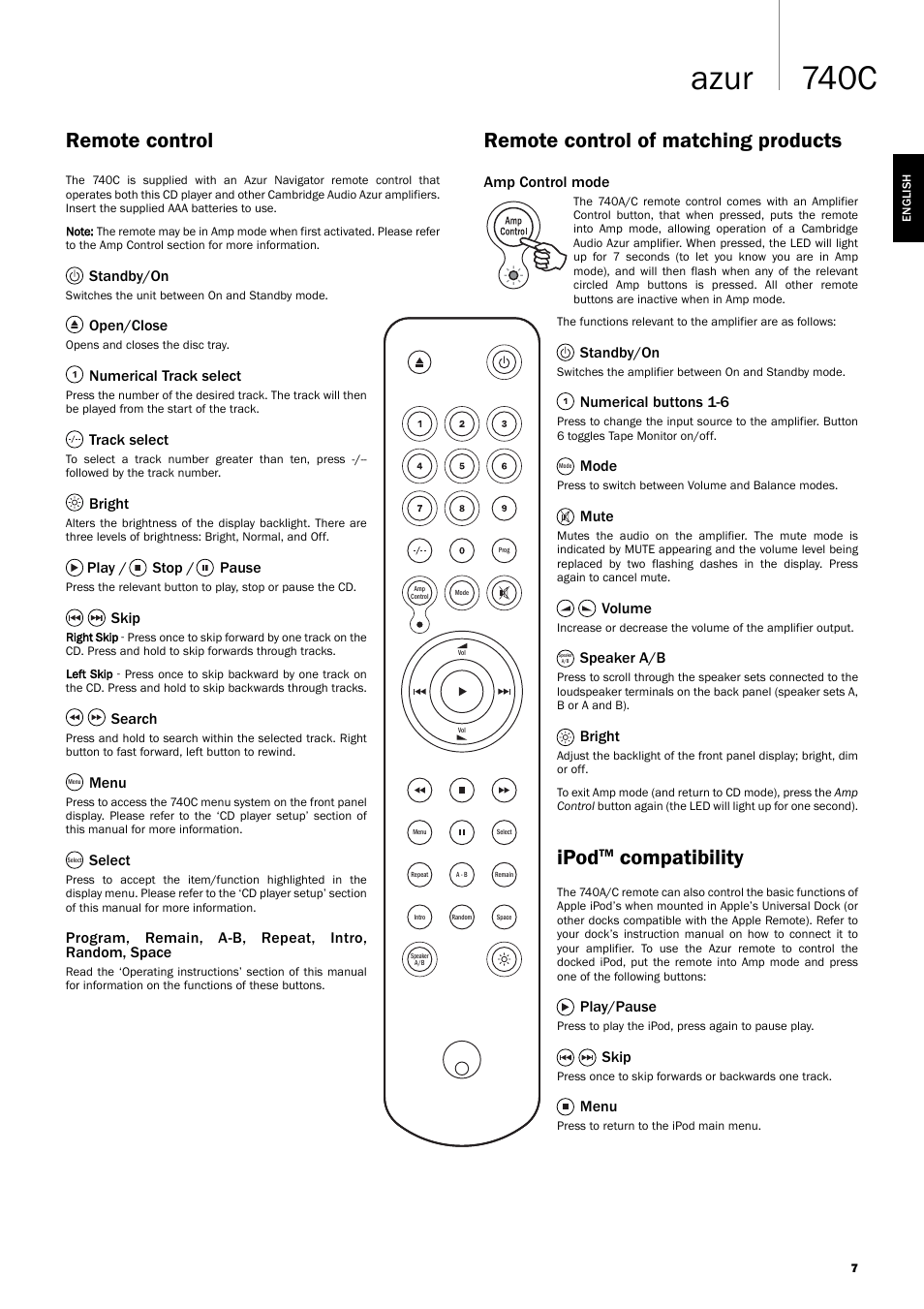 740c azur, Remote control, Ipod | Compatibility, Remote control of matching products | Cambridge Audio Azur 740C User Manual | Page 7 / 82