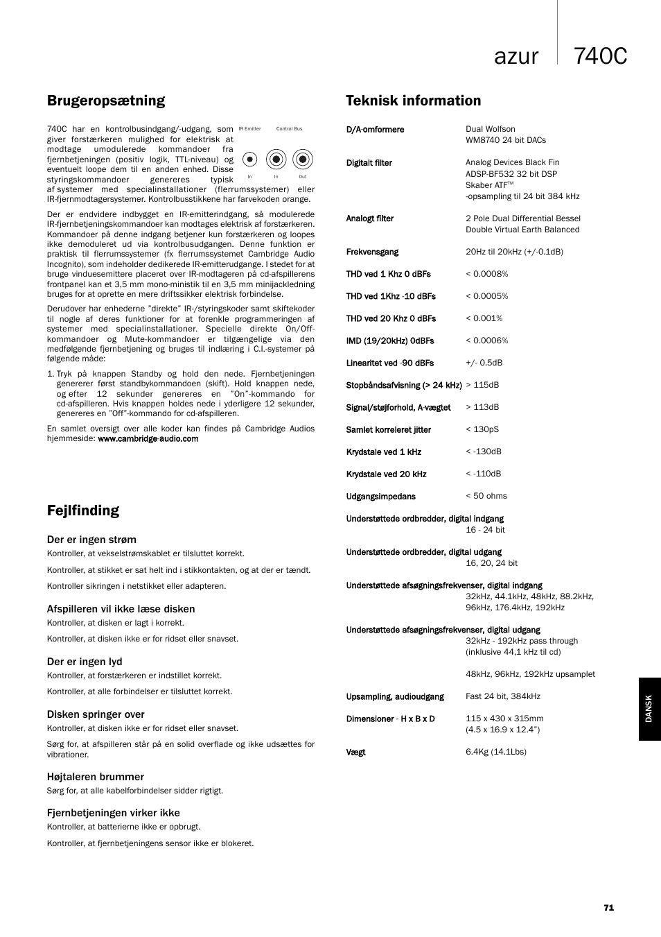 740c azur, Fejlfinding, Brugeropsætning | Teknisk information | Cambridge Audio Azur 740C User Manual | Page 71 / 82
