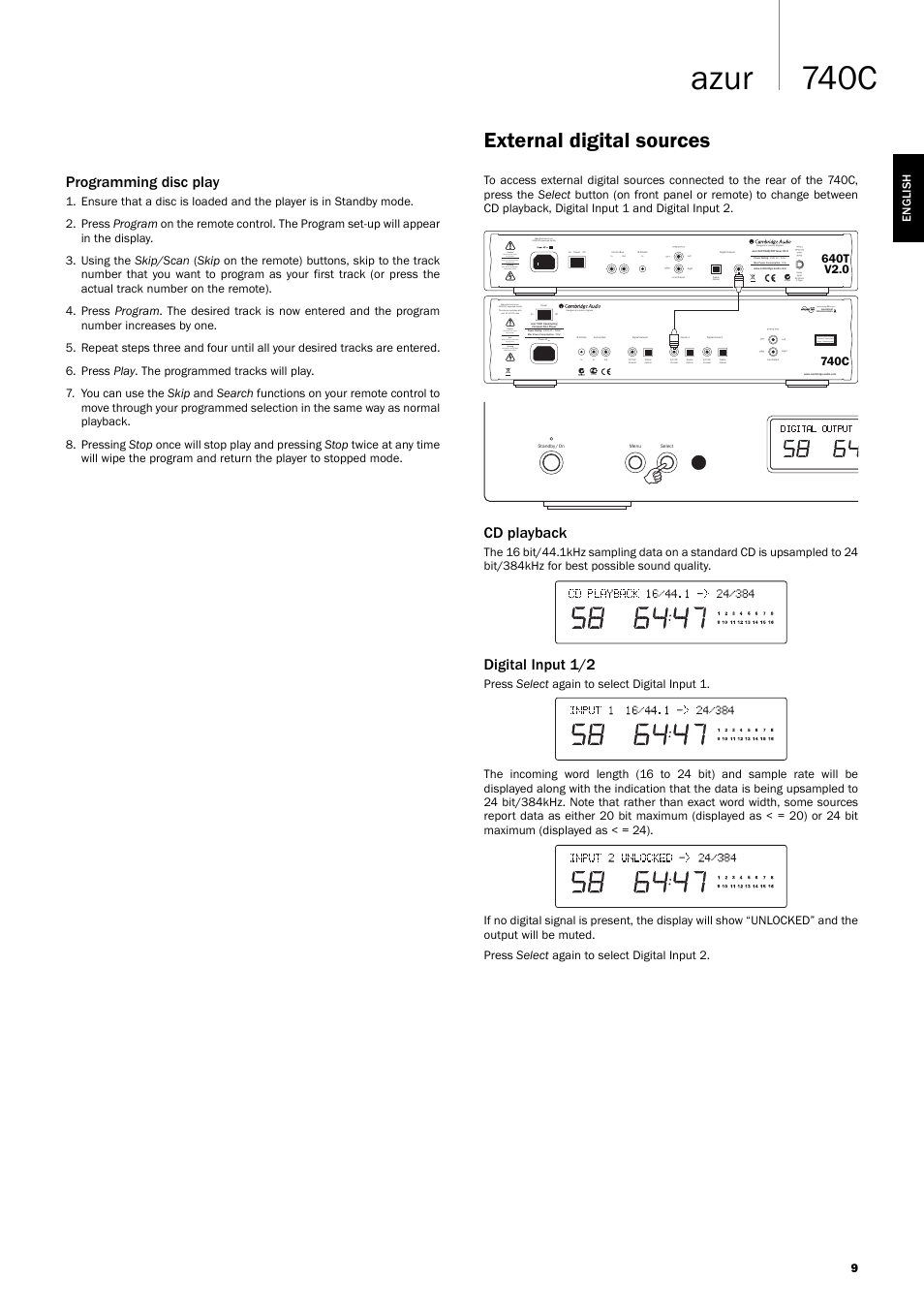 740c azur, External digital sources, Programming disc play | Cd playback, Digital input 1/2, Incorporating q5™ from, 9english | Cambridge Audio Azur 740C User Manual | Page 9 / 82