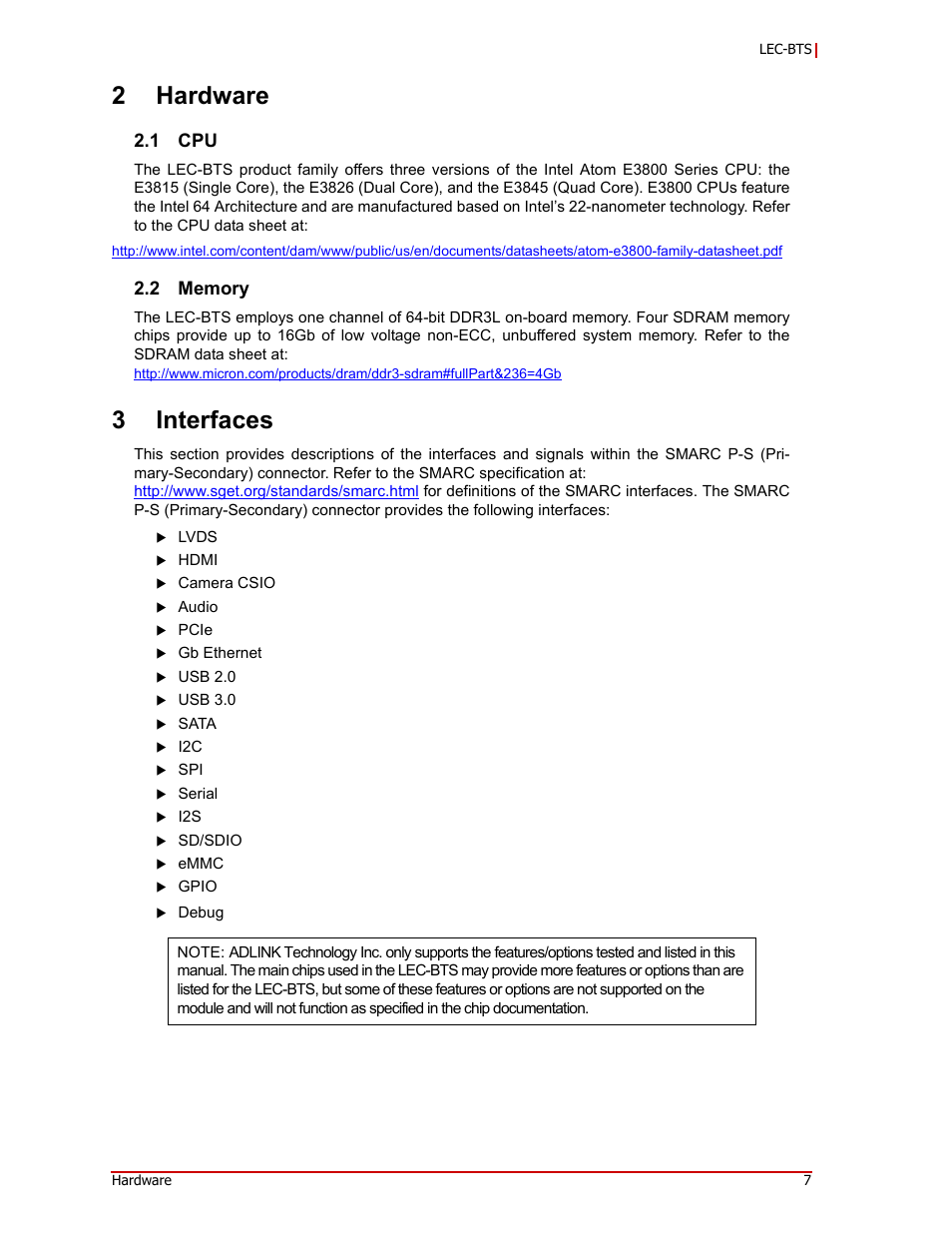 2 hardware, Memory, 3 interfaces | 2hardware, 3interfaces | ADLINK LEC-BTS User Manual | Page 11 / 22