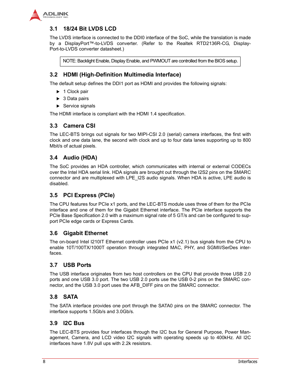 18/24 bit lvds lcd, Hdmi (high-definition multimedia interface), Camera csi | Audio (hda), Pci express (pcie), Gigabit ethernet, Usb ports, Sata, I2c bus | ADLINK LEC-BTS User Manual | Page 12 / 22