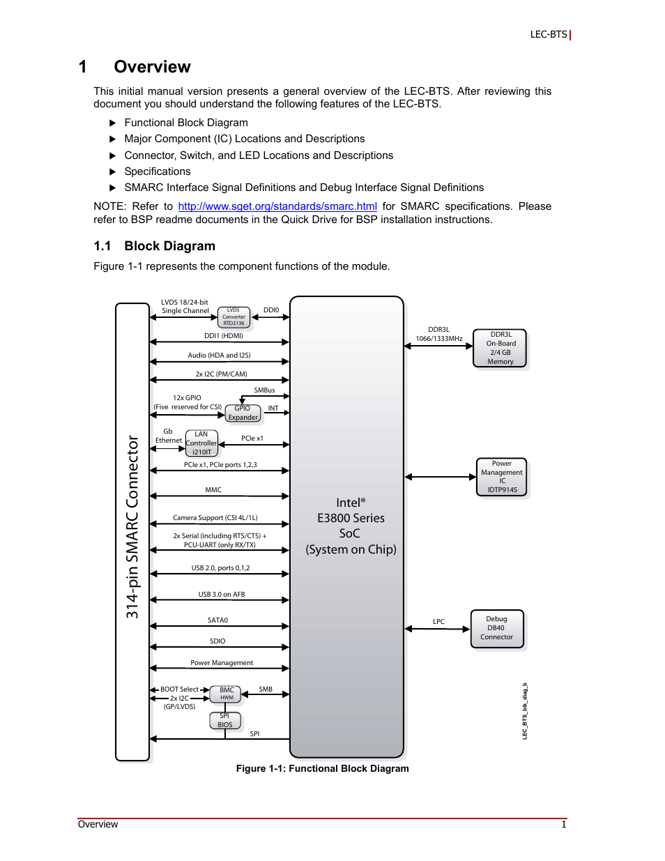 1 overview, Block diagram, 1overview | Pin smarc connector, 1 block diagram, Intel® e3800 series soc (system on chip) | ADLINK LEC-BTS User Manual | Page 5 / 22