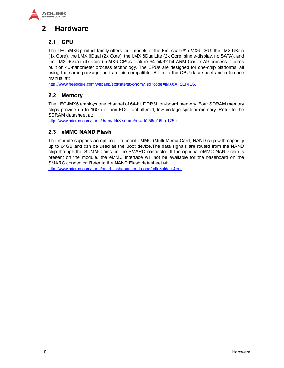 2 hardware, Memory, Emmc nand flash | 2hardware | ADLINK LEC-iMX6 User Manual | Page 14 / 28