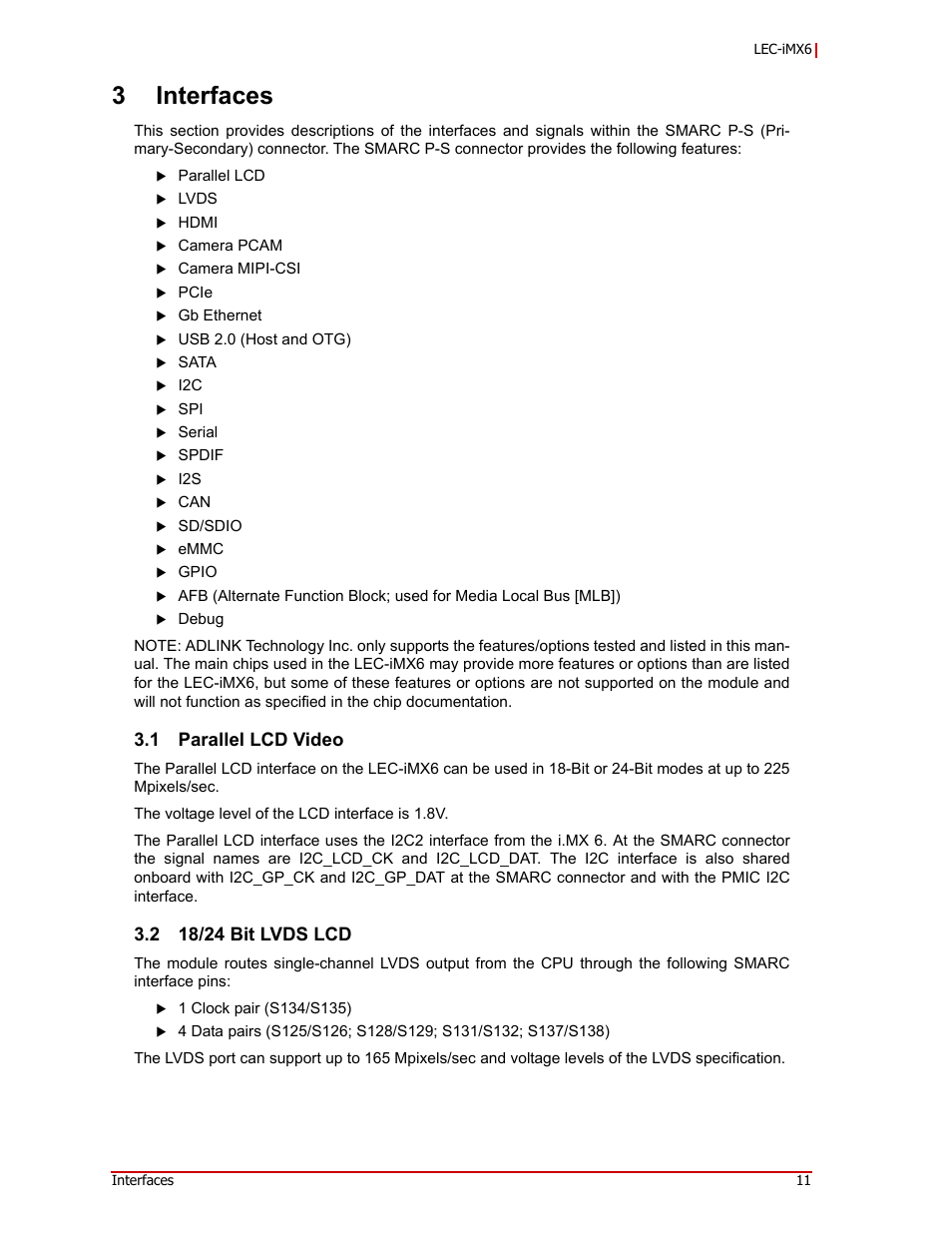 3 interfaces, Parallel lcd video, 18/24 bit lvds lcd | 3interfaces, 1 parallel lcd video | ADLINK LEC-iMX6 User Manual | Page 15 / 28