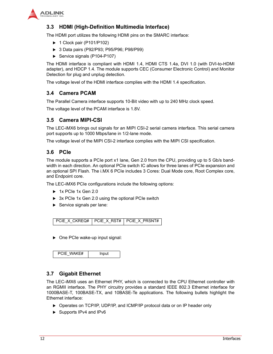 Hdmi (high-definition multimedia interface), Camera pcam, Camera mipi-csi | Pcie, Gigabit ethernet, 3 hdmi (high-definition multimedia interface), 4 camera pcam, 5 camera mipi-csi, 6 pcie, 7 gigabit ethernet | ADLINK LEC-iMX6 User Manual | Page 16 / 28