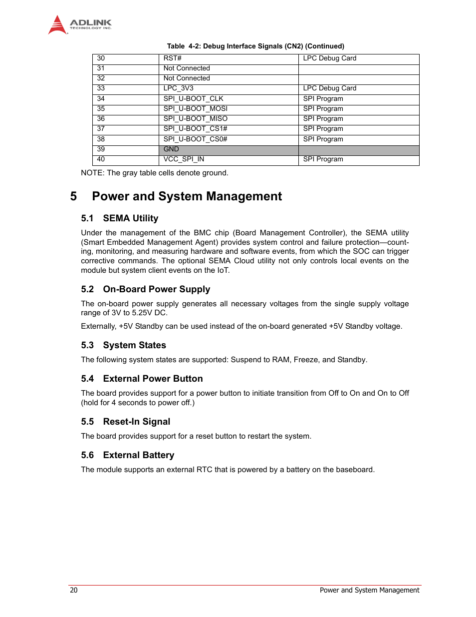 5 power and system management, Sema utility, On-board power supply | System states, External power button, Reset-in signal, External battery, 5power and system management | ADLINK LEC-iMX6 User Manual | Page 24 / 28