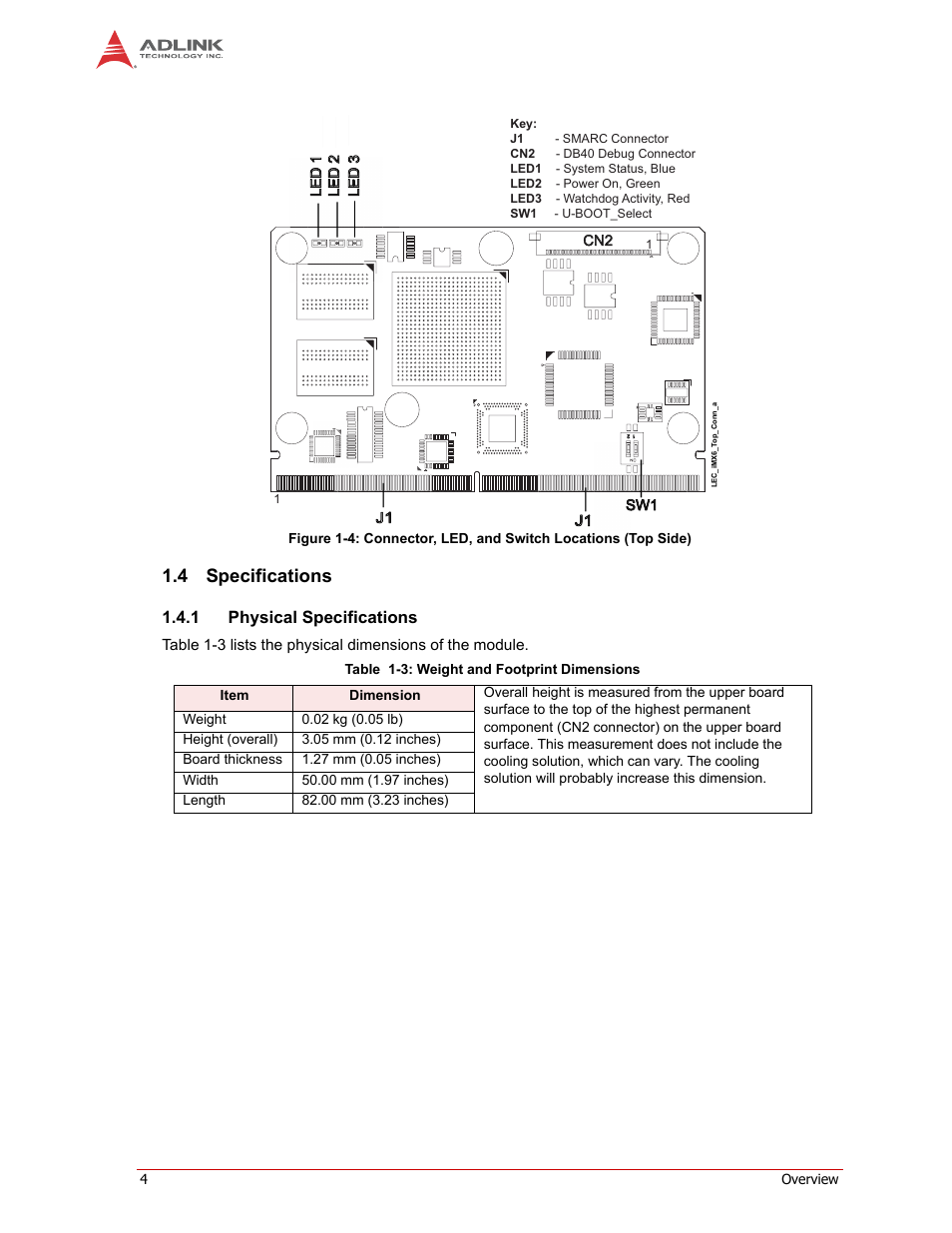 Specifications, 4 specifications, 1 physical specifications | ADLINK LEC-iMX6 User Manual | Page 8 / 28