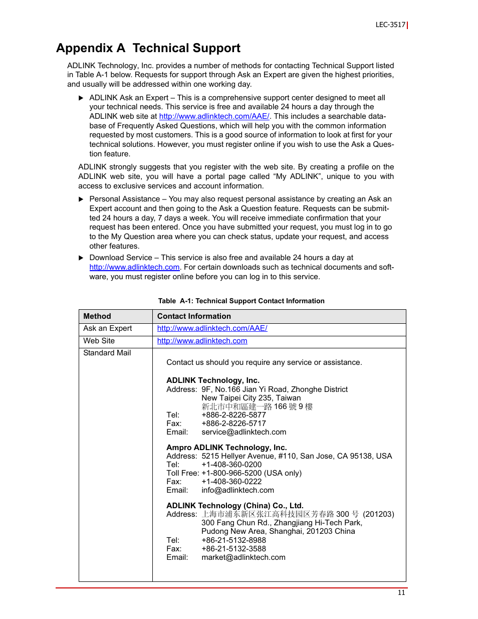 Ndix a technical support, Appendix a technical support | ADLINK LEC-3517 User Manual | Page 15 / 18