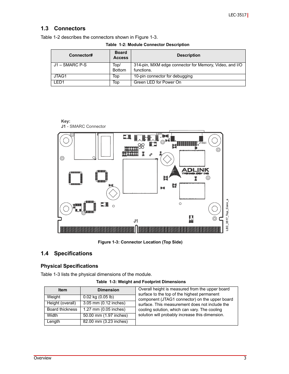 Connectors, Specifications, 3 connectors | 4 specifications | ADLINK LEC-3517 User Manual | Page 7 / 18