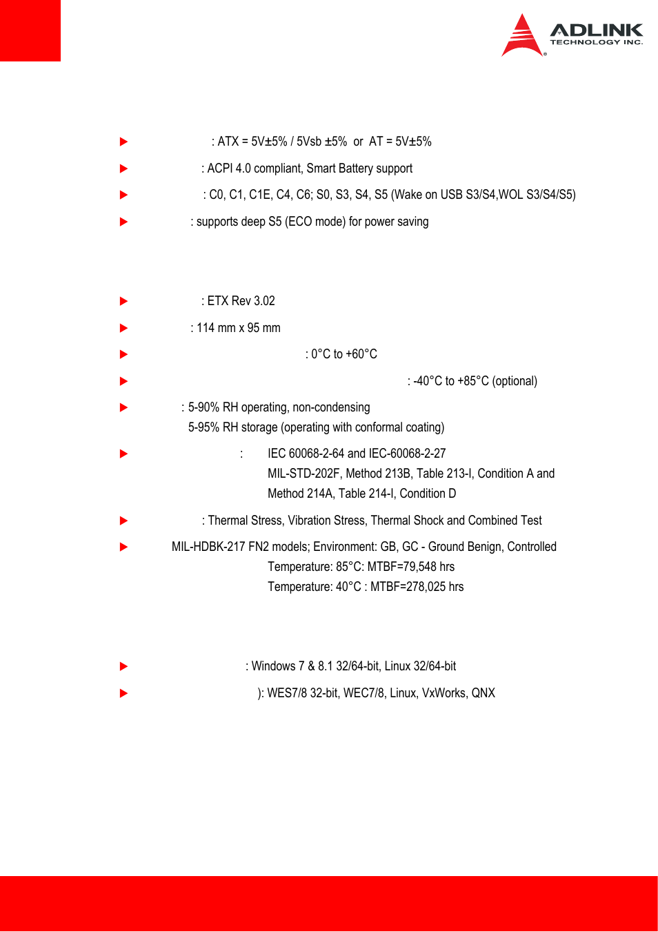 8 power, 9 mechanical and environmental, 10 operating systems support | Operating systems support | ADLINK ETX-BT User Manual | Page 12 / 70