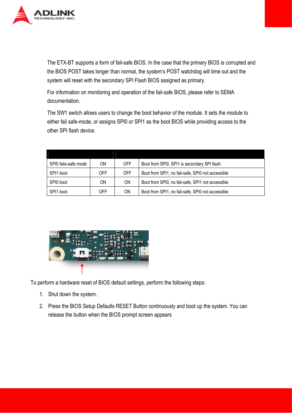 8 sw1: spi boot device selection, 9 sw2: bios setup defaults reset button | ADLINK ETX-BT User Manual | Page 35 / 70