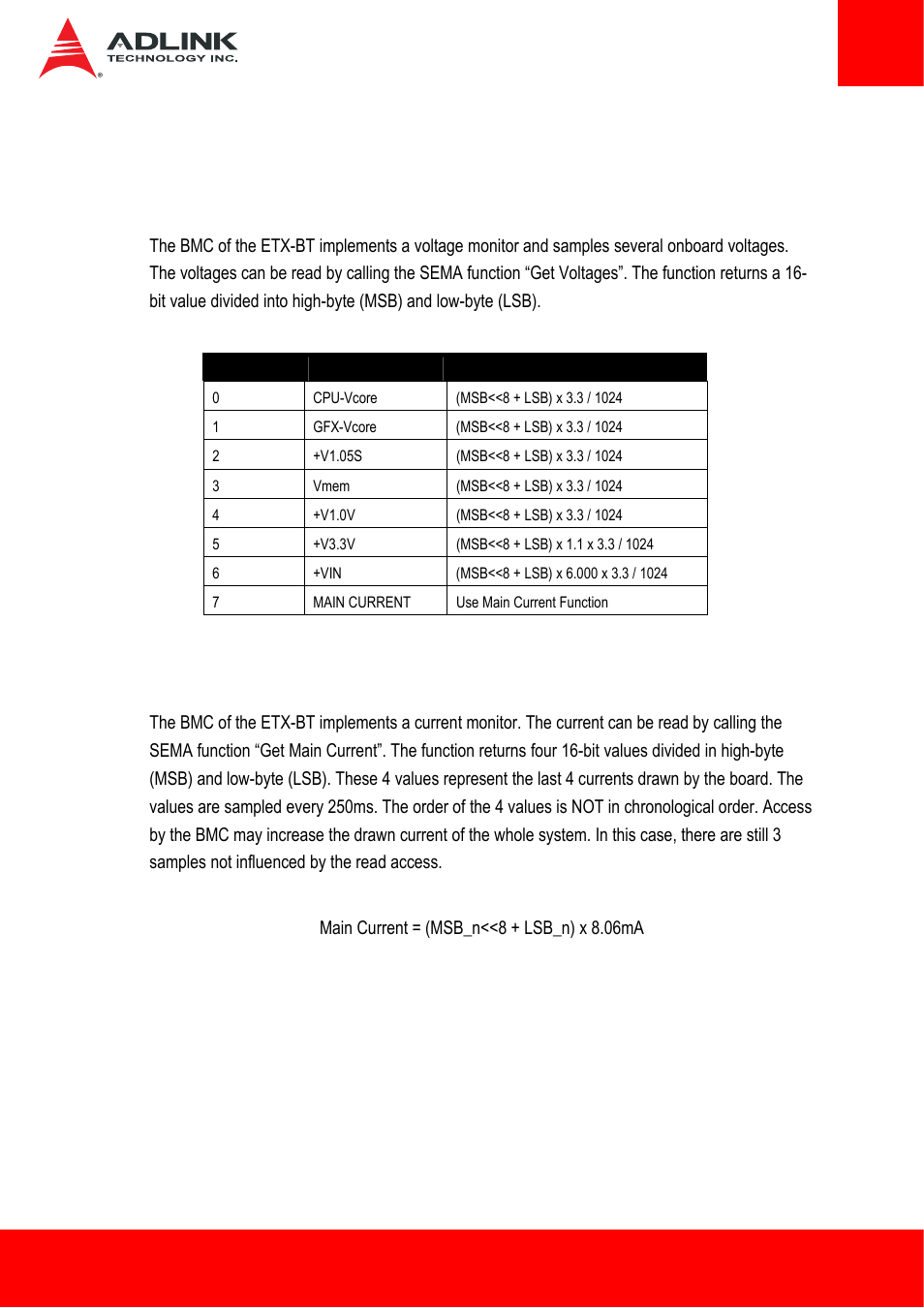 1 board specific sema functions, 1 voltages, 2 main current | Voltages, Main current | ADLINK ETX-BT User Manual | Page 39 / 70