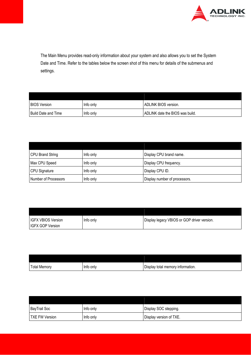 2 main, 1 system information, 2 processor information | 3 vga firmware version, 4 memory information, 5 soc information, System information, Processor information, Vga firmware version, Memory information | ADLINK ETX-BT User Manual | Page 50 / 70