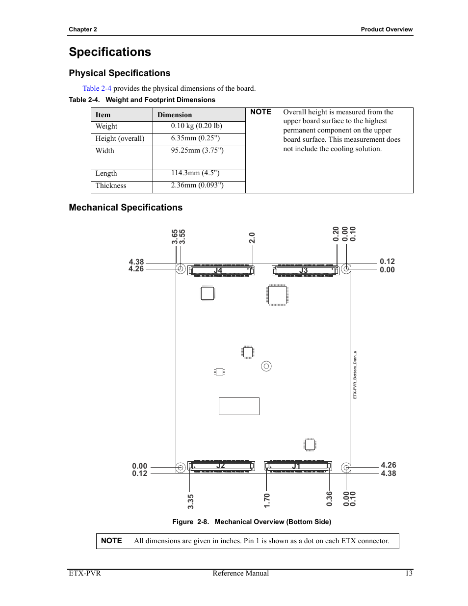 Specifications, Physical specifications mechanical specifications, Figure 2-8 | Mechanical overview (bottom side), Table 2-4, Weight and footprint dimensions | ADLINK ETX-PVR User Manual | Page 19 / 68