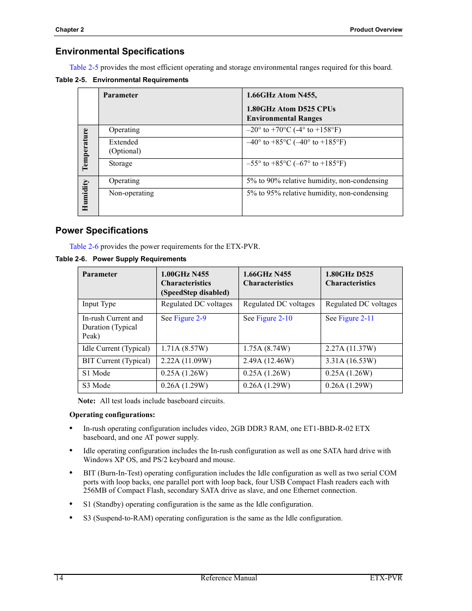 Environmental specifications power specifications, Table 2-5, Environmental requirements | Table 2-6, Power supply requirements | ADLINK ETX-PVR User Manual | Page 20 / 68