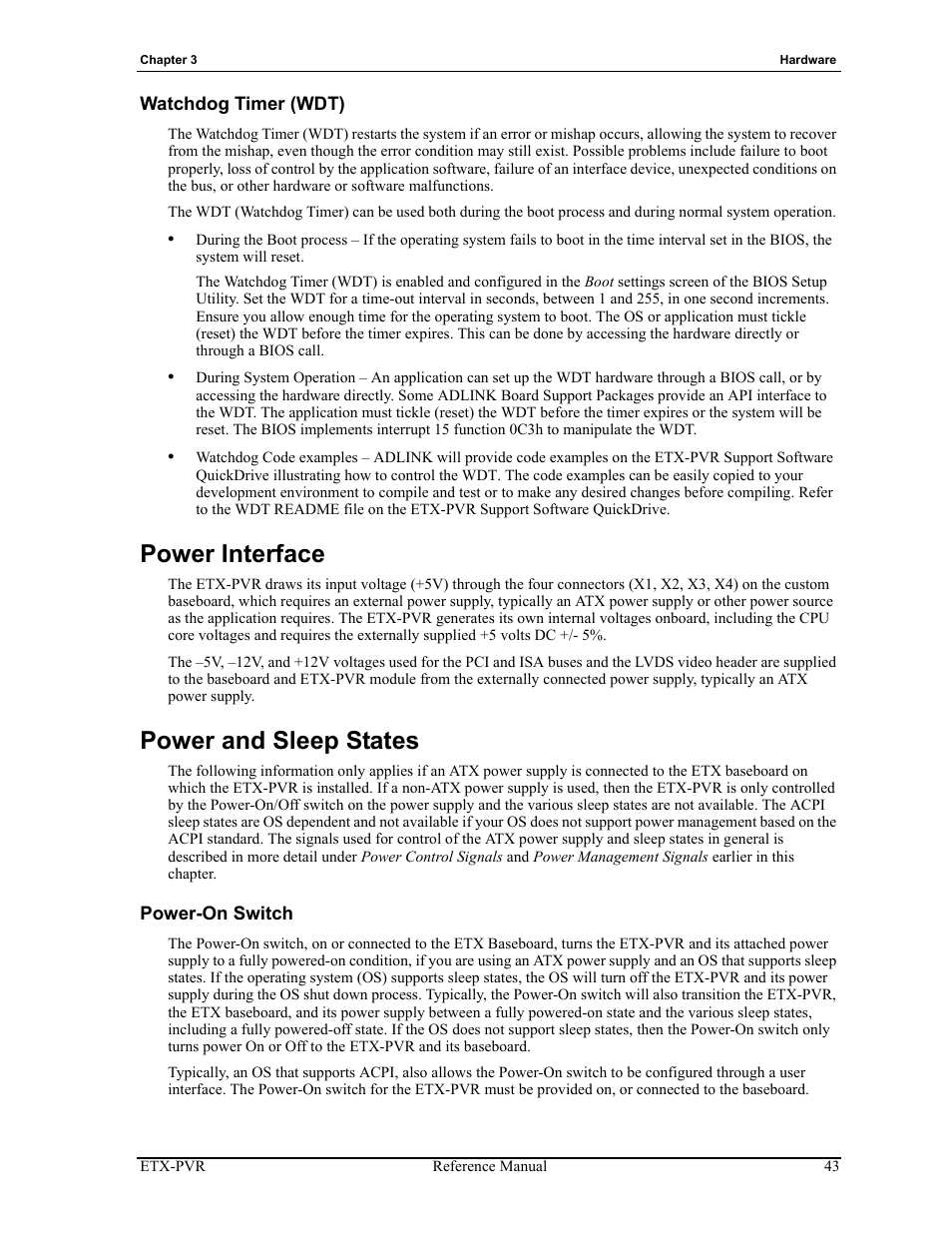 Watchdog timer (wdt), Power interface power and sleep states, Power-on switch | Power interface, Power and sleep states | ADLINK ETX-PVR User Manual | Page 49 / 68