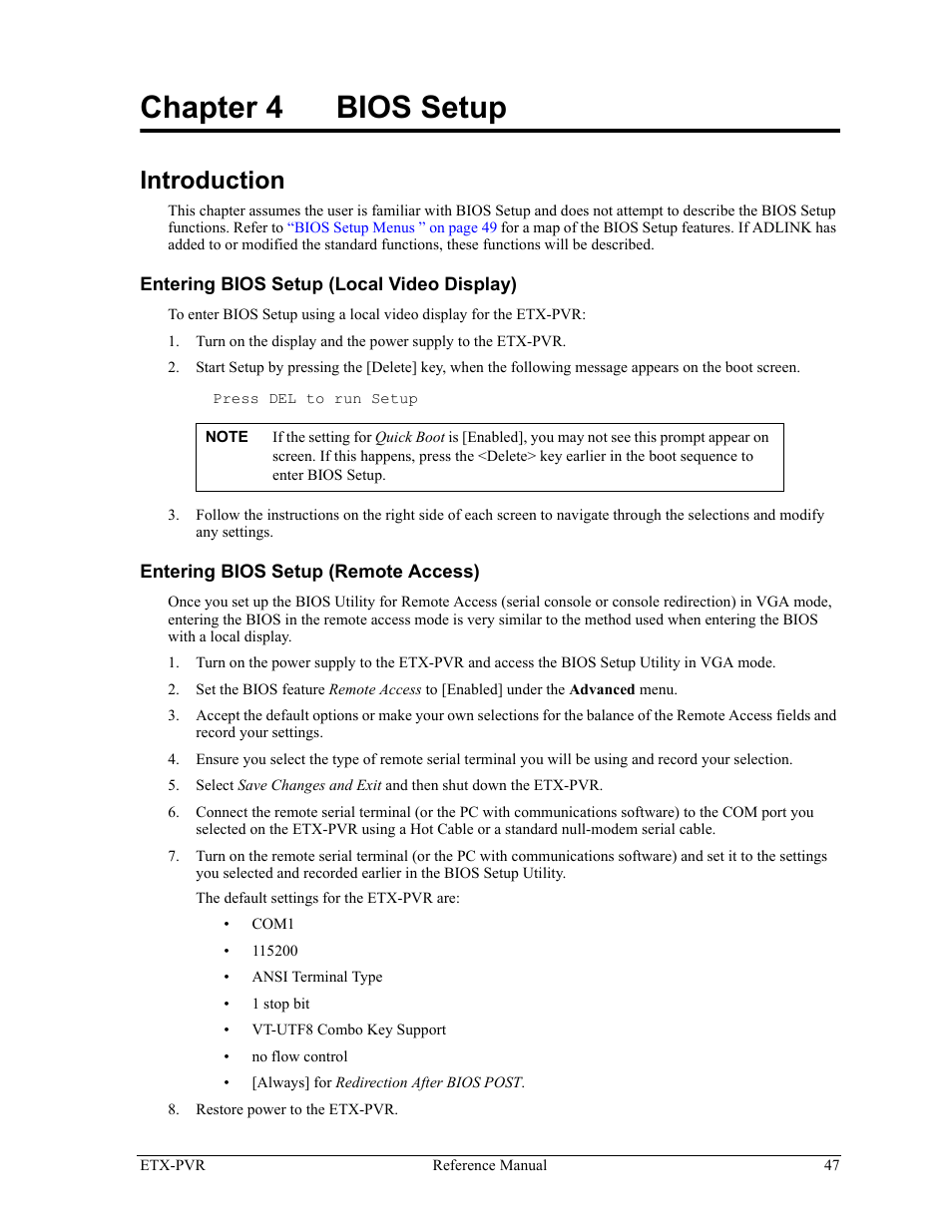 Chapter 4, Bios setup, Introduction | Chapter 4 bios setup | ADLINK ETX-PVR User Manual | Page 53 / 68